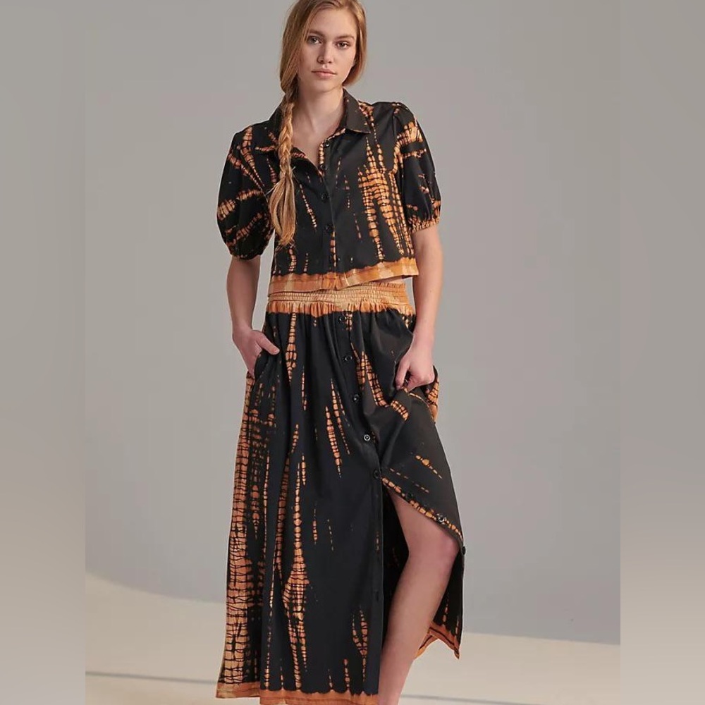 Anthropologie black and tan tie dye maxi skirt